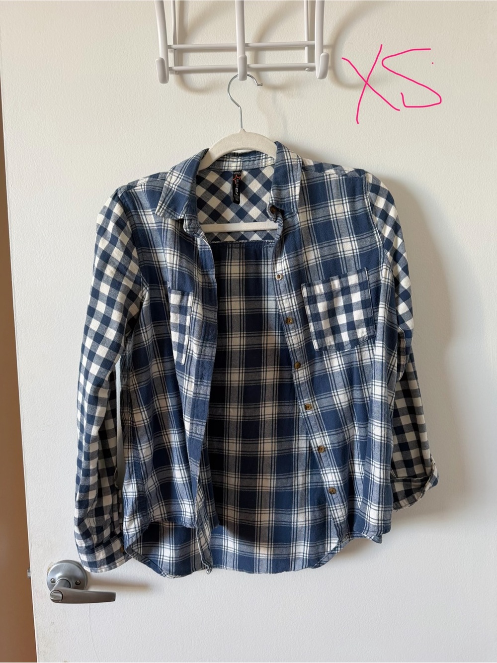 Blue and White Plaid Button-Down Flannel Shirt